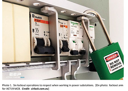 PHOTO 1. 6 lockout operations to respect when working in power substations (on photo: Lockout arm for ACTI9 MCB; credit: cirlock.com.au)