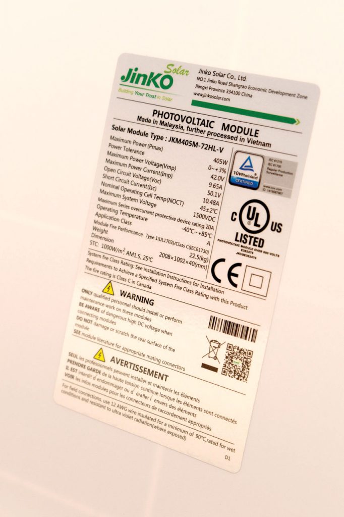 Photo 1. Module Label for 405-Watt JINKO PV module.  Courtesy of John Wiles