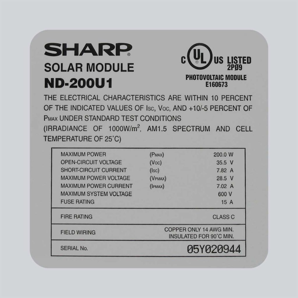 Photo 1. A label containing electrical specifications of the module