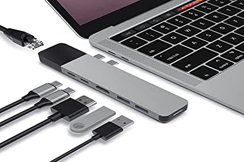 HyperDrive USB C Hub, Dual Type C Hub Adapter for MacBook Pro 13' 15', 6-in-2 Multi-Port Thunderbolt USB-C Dongle with Gigabit Ethernet, 40Gb/s C-USB 100W, 5Gb/s Type-C 60W PD, 4K HDMI
