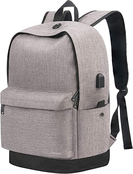 15.6 Inch College Laptop Backpack,Classic Basic College Backpacks,Travel Bag with USB Charging Port Lightweight Casual Daypack Business Office Water Resistant Computer Work Bag for Men and Women,Grey